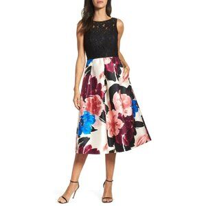 Ellen Tracy Arcadia Print Black Lace Pink Blue Floral Fit and Flare Midi Dress